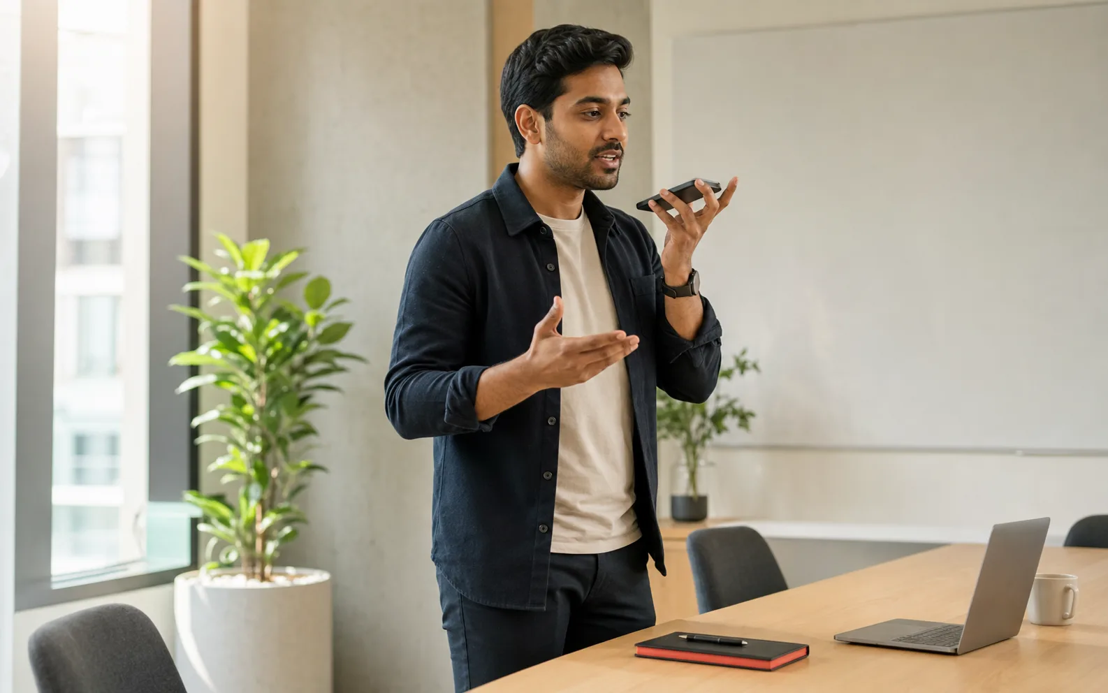 A professional rehearsing a presentation.